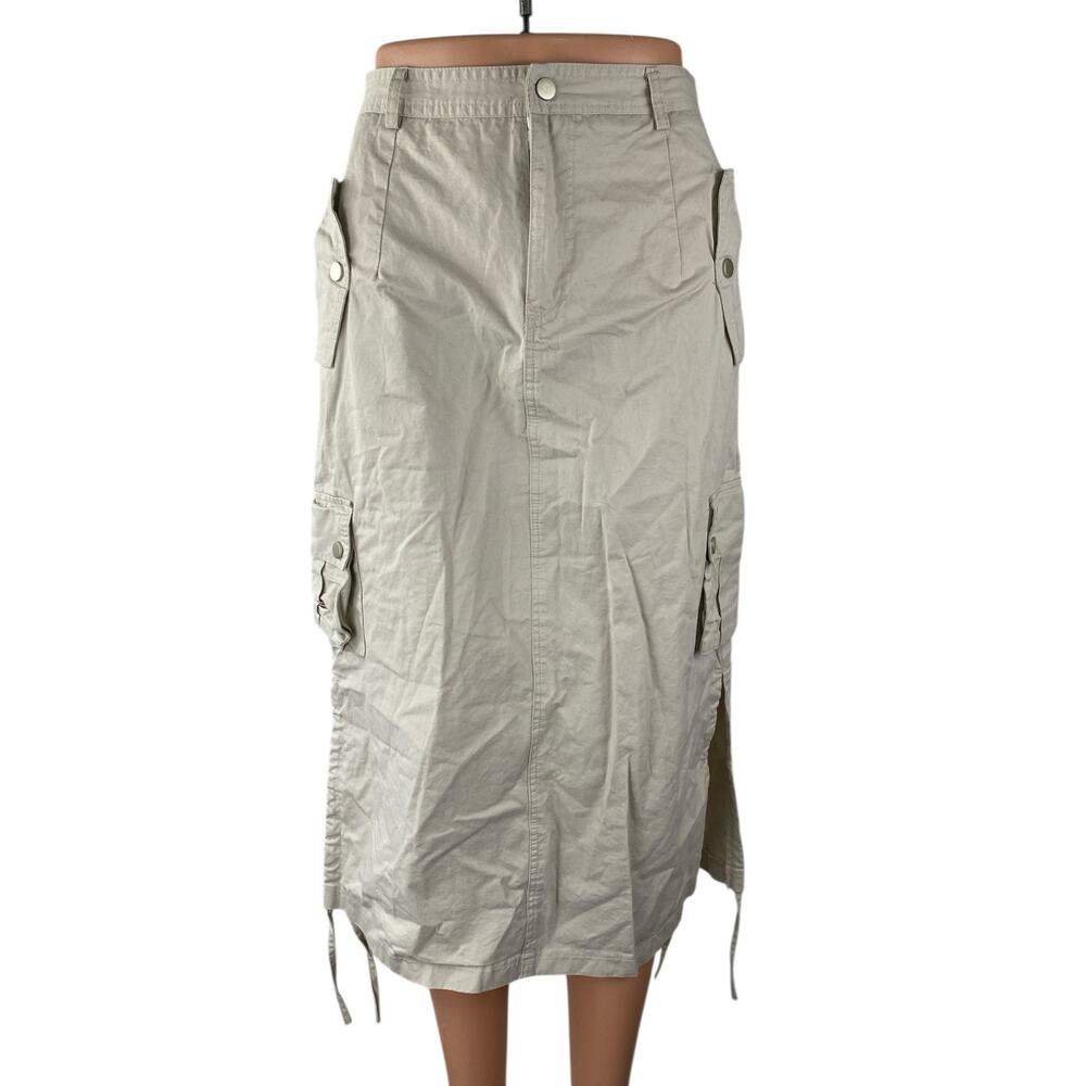 Mirror Women's Beige High Rise Tie Slit Midi Straight Utility Cargo Skirt Size S